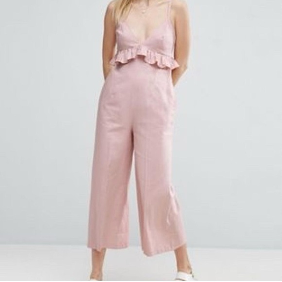 ASOS Pants - ASOS Pink Ruffled Jumpsuit with Cropped Wide-Leg